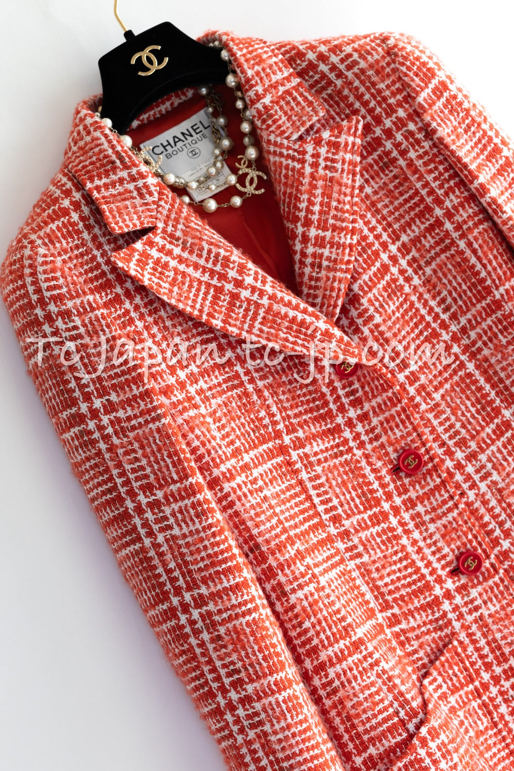 CHANEL 97S Vintage Red White Checked Wool Mohair Tweed Coat Jacket 36 38 シャネル ヴィンテージ レッド ホワイト ウール プードル モヘア ツイード コート ジャケット 即発