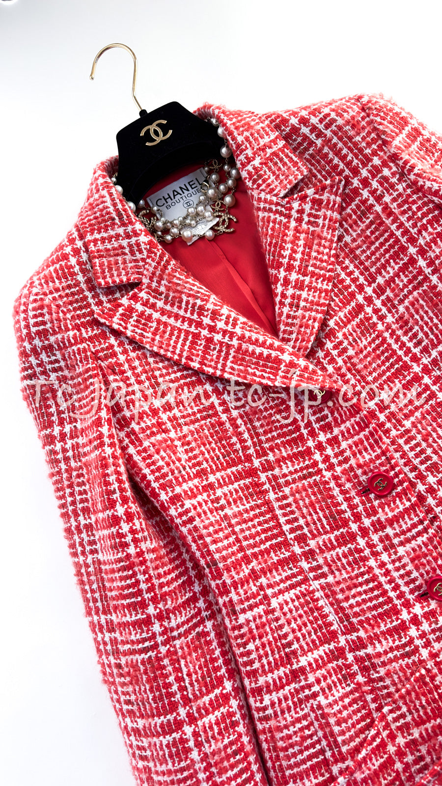 CHANEL 97S Vintage Red White Checked Wool Mohair Tweed Coat Jacket 36 38 シャネル ヴィンテージ レッド ホワイト ウール プードル モヘア ツイード コート ジャケット 即発