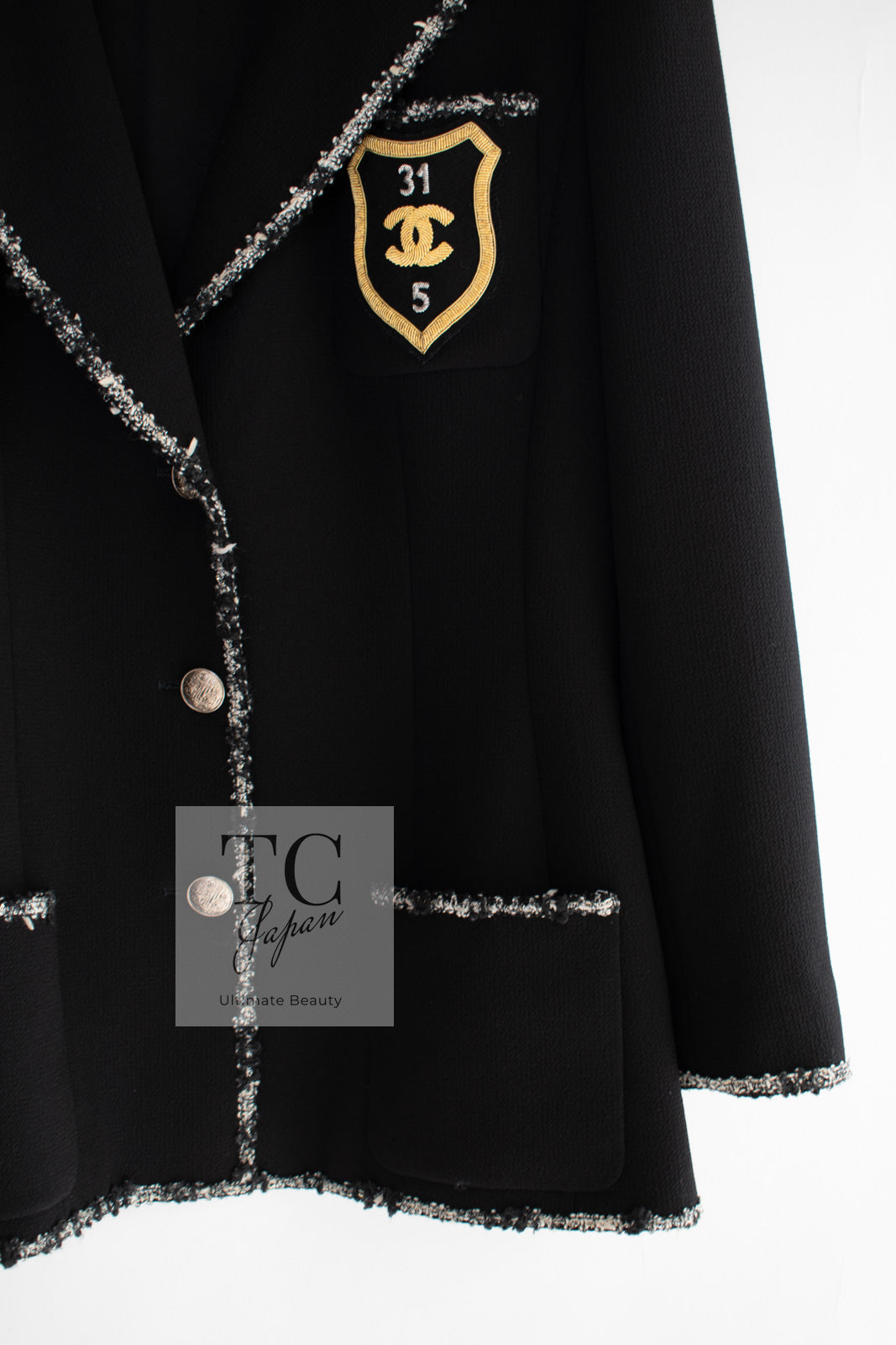 CHANEL 05C Black CC Logo Emblem Blazer Jacket 38 シャネル ブラック CC ロゴ エンブレム ブレザー ジャケット 即発