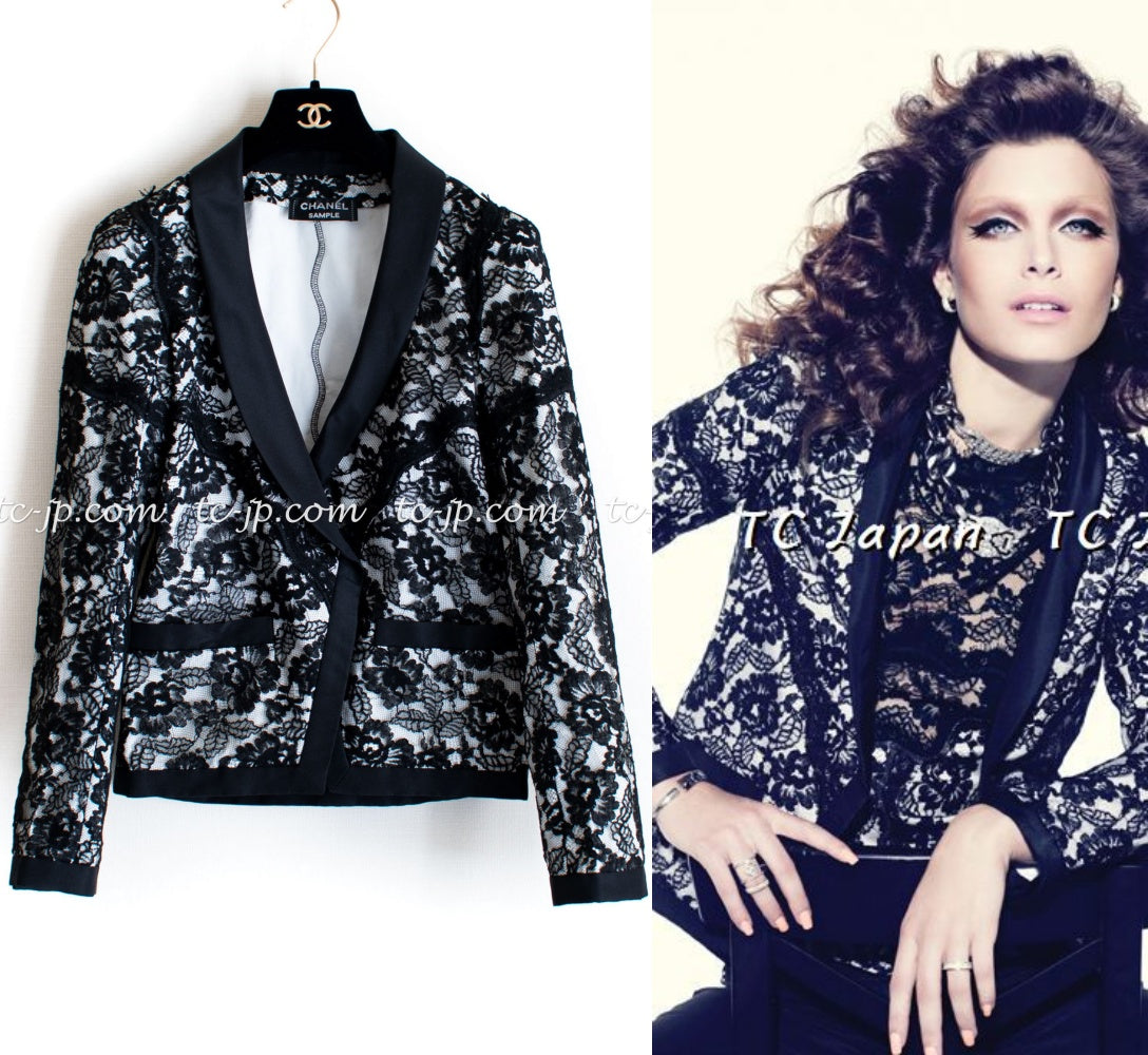 CHANEL 14C Black White Floral Lace Party Jacket 34 36 シャネル ブラック ホワイト フローラル レース パーティー ジャケット 即発 - TC JAPAN