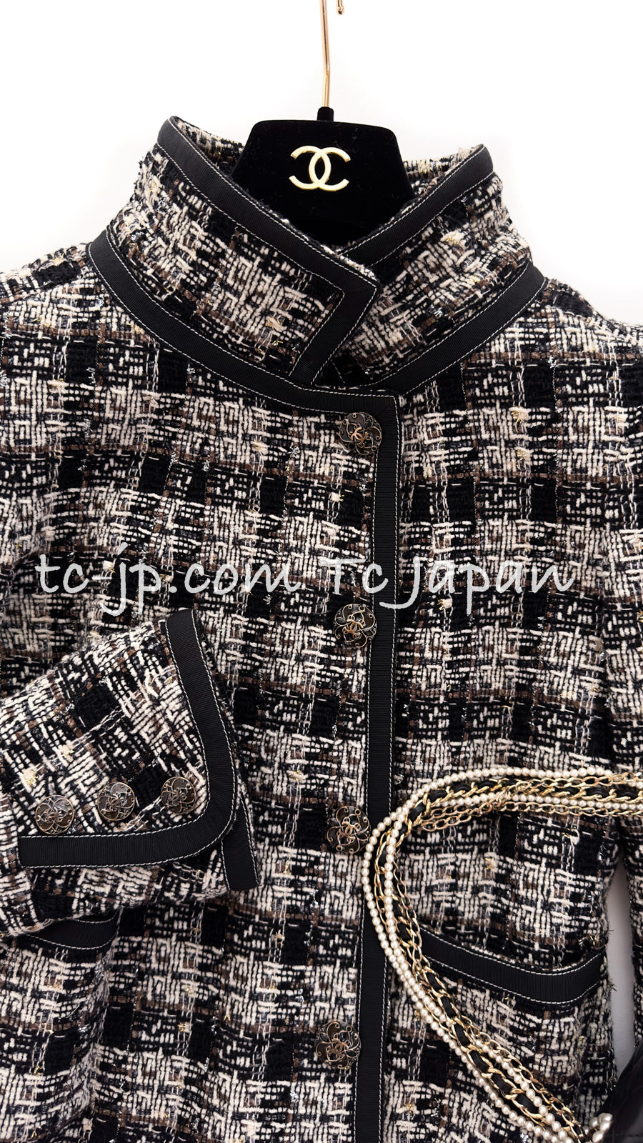 CHANEL 08A Black Brown Wool Stand Collar Tweed Jacket 34 シャネル ブラック ブラウン ウール スタンドカラー ツイード ジャケット 即発