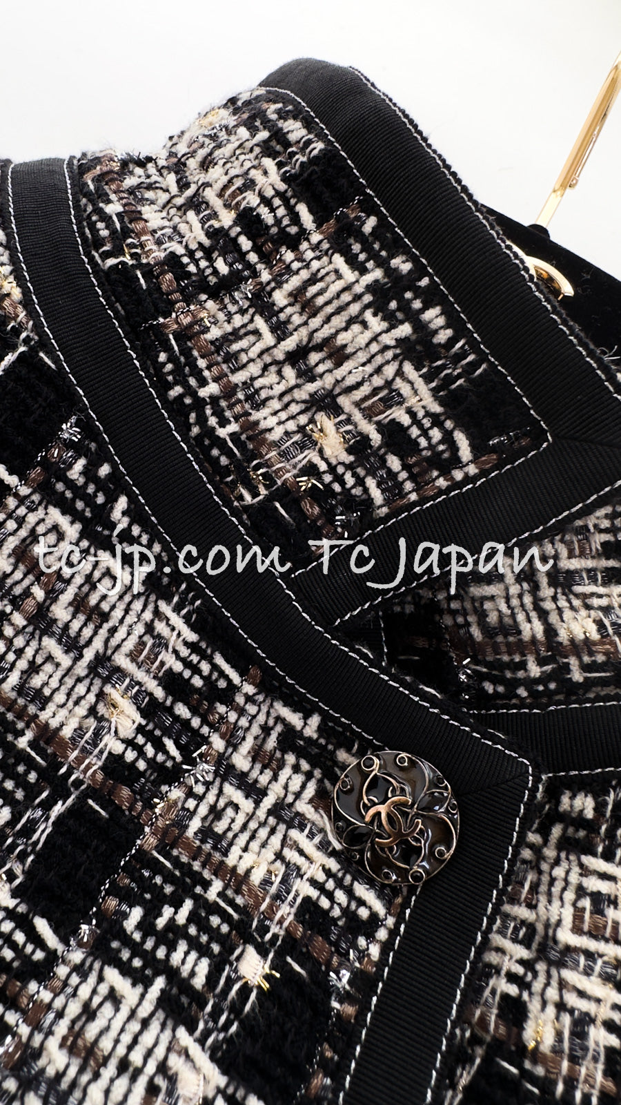 CHANEL 08A Black Brown Wool Stand Collar Tweed Jacket 34 シャネル ブラック ブラウン ウール スタンドカラー ツイード ジャケット 即発