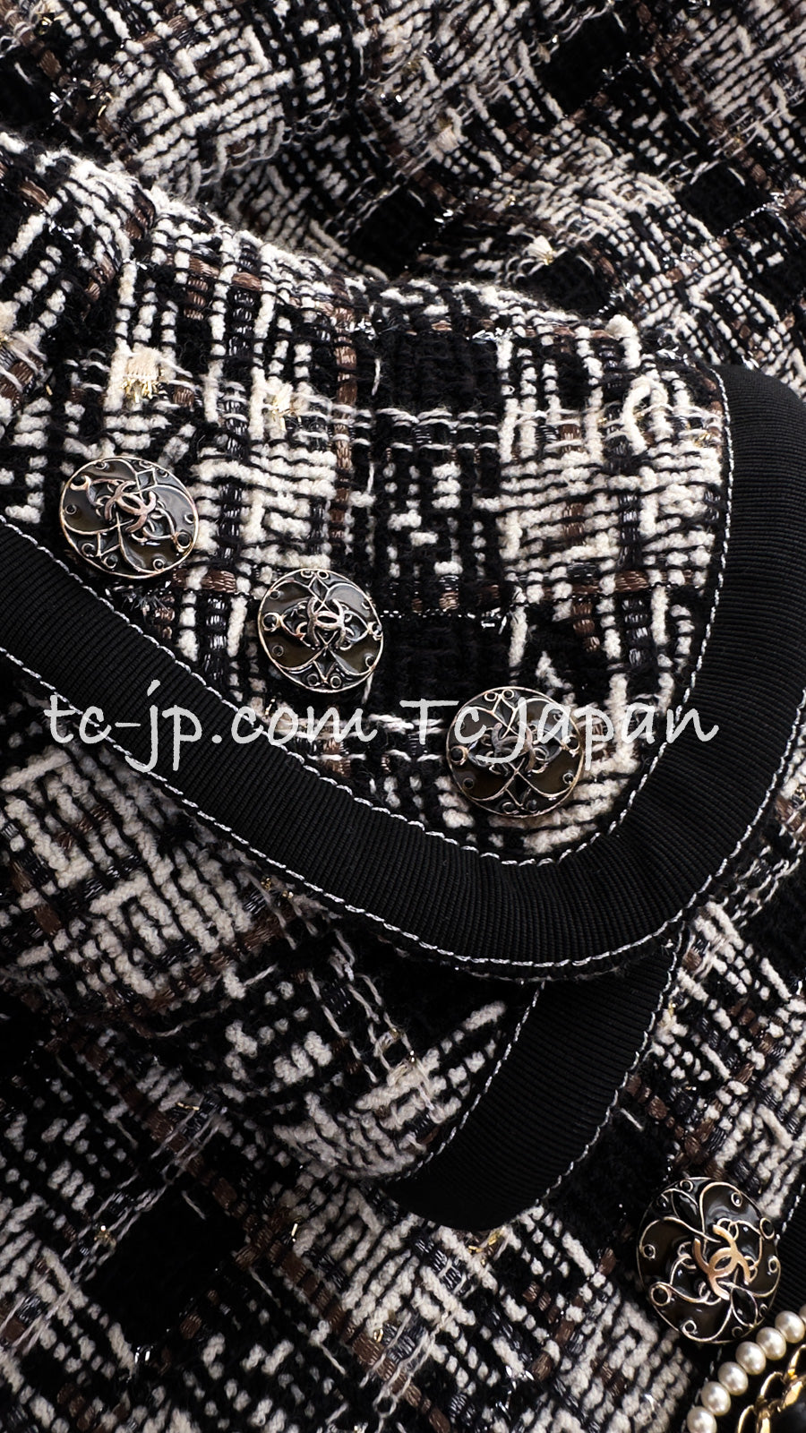 CHANEL 08A Black Brown Wool Stand Collar Tweed Jacket 34 シャネル ブラック ブラウン ウール スタンドカラー ツイード ジャケット 即発