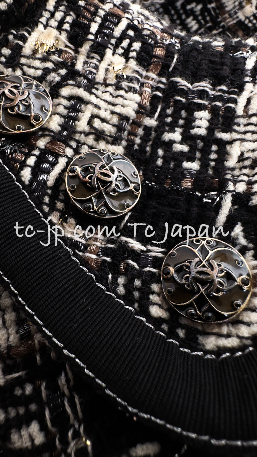 CHANEL 08A Black Brown Wool Stand Collar Tweed Jacket 34 シャネル ブラック ブラウン ウール スタンドカラー ツイード ジャケット 即発