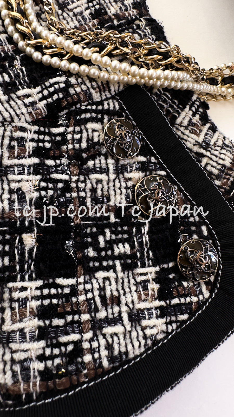 CHANEL 08A Black Brown Wool Stand Collar Tweed Jacket 34 シャネル ブラック ブラウン ウール スタンドカラー ツイード ジャケット 即発