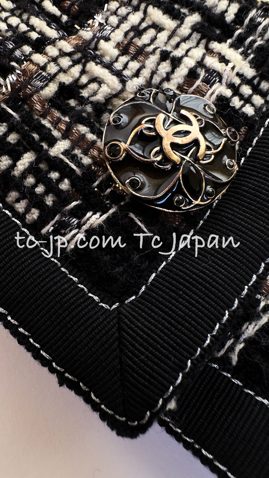 CHANEL 08A Black Brown Wool Stand Collar Tweed Jacket 34 シャネル ブラック ブラウン ウール スタンドカラー ツイード ジャケット 即発