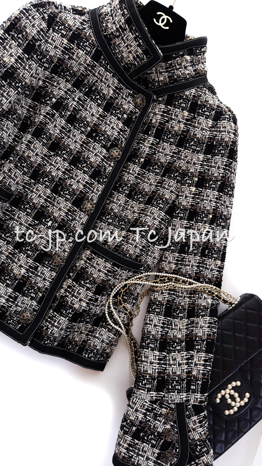 CHANEL 08A Black Brown Wool Stand Collar Tweed Jacket 34 シャネル ブラック ブラウン ウール スタンドカラー ツイード ジャケット 即発