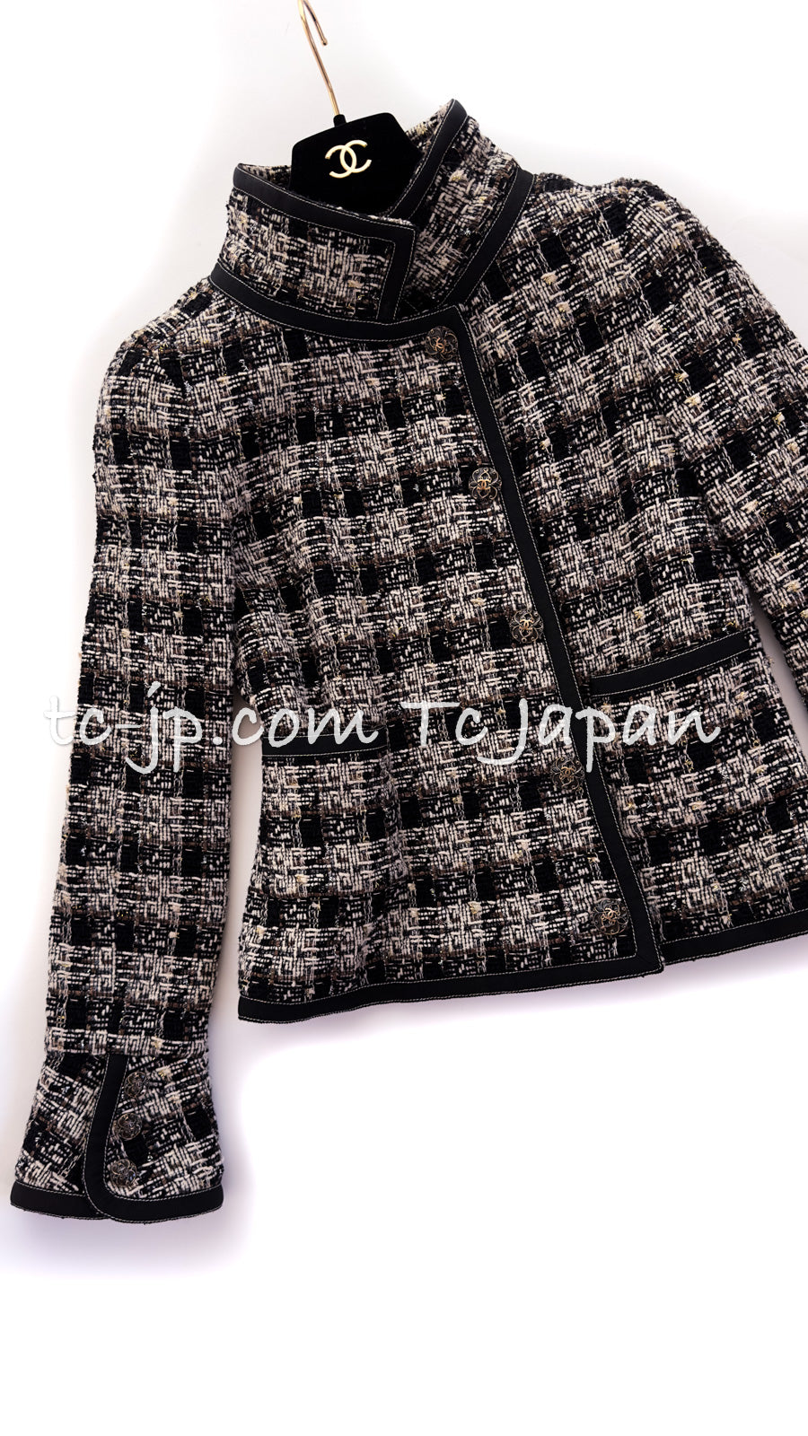 CHANEL 08A Black Brown Wool Stand Collar Tweed Jacket 34 シャネル ブラック ブラウン ウール スタンドカラー ツイード ジャケット 即発