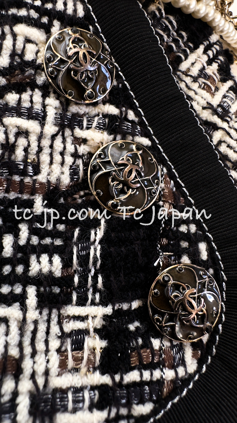 CHANEL 08A Black Brown Wool Stand Collar Tweed Jacket 34 シャネル ブラック ブラウン ウール スタンドカラー ツイード ジャケット 即発