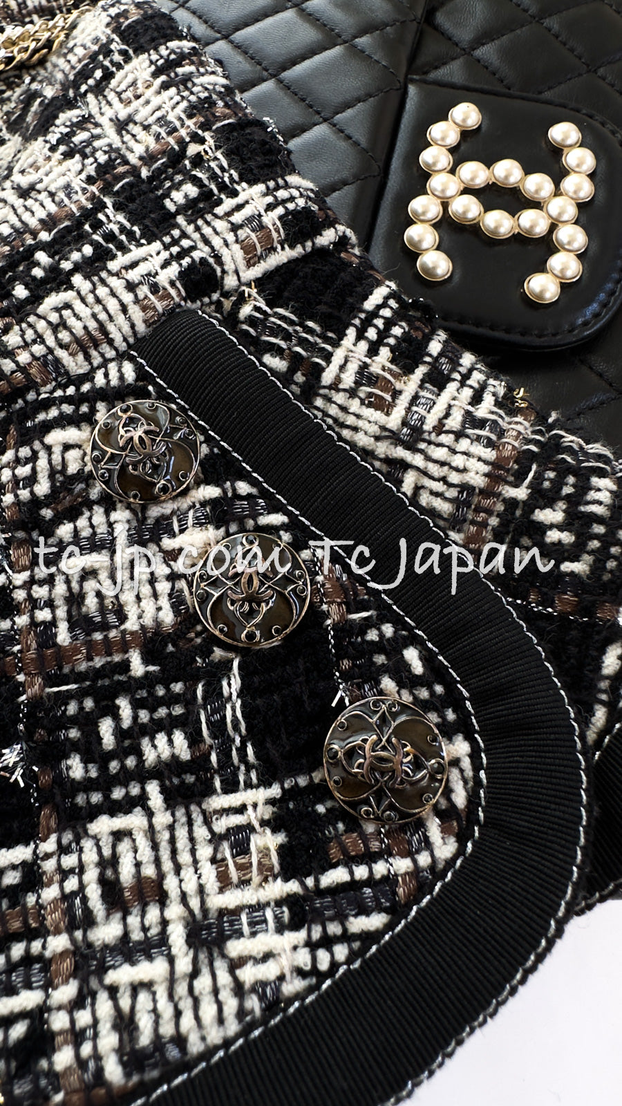 CHANEL 08A Black Brown Wool Stand Collar Tweed Jacket 34 シャネル ブラック ブラウン ウール スタンドカラー ツイード ジャケット 即発