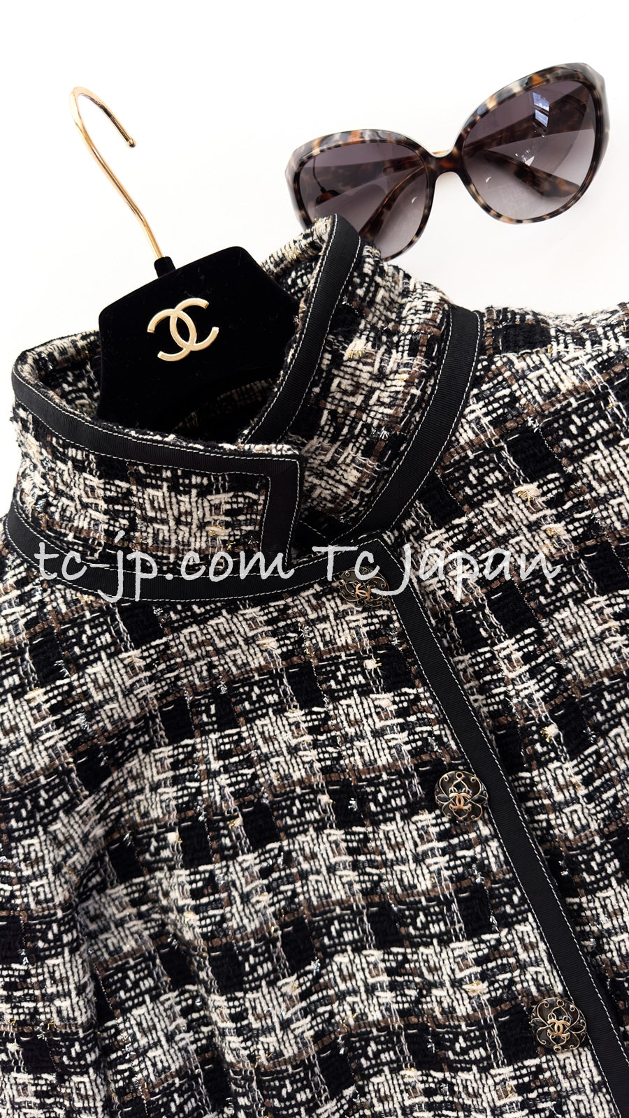 CHANEL 08A Black Brown Wool Stand Collar Tweed Jacket 34 シャネル ブラック ブラウン ウール スタンドカラー ツイード ジャケット 即発