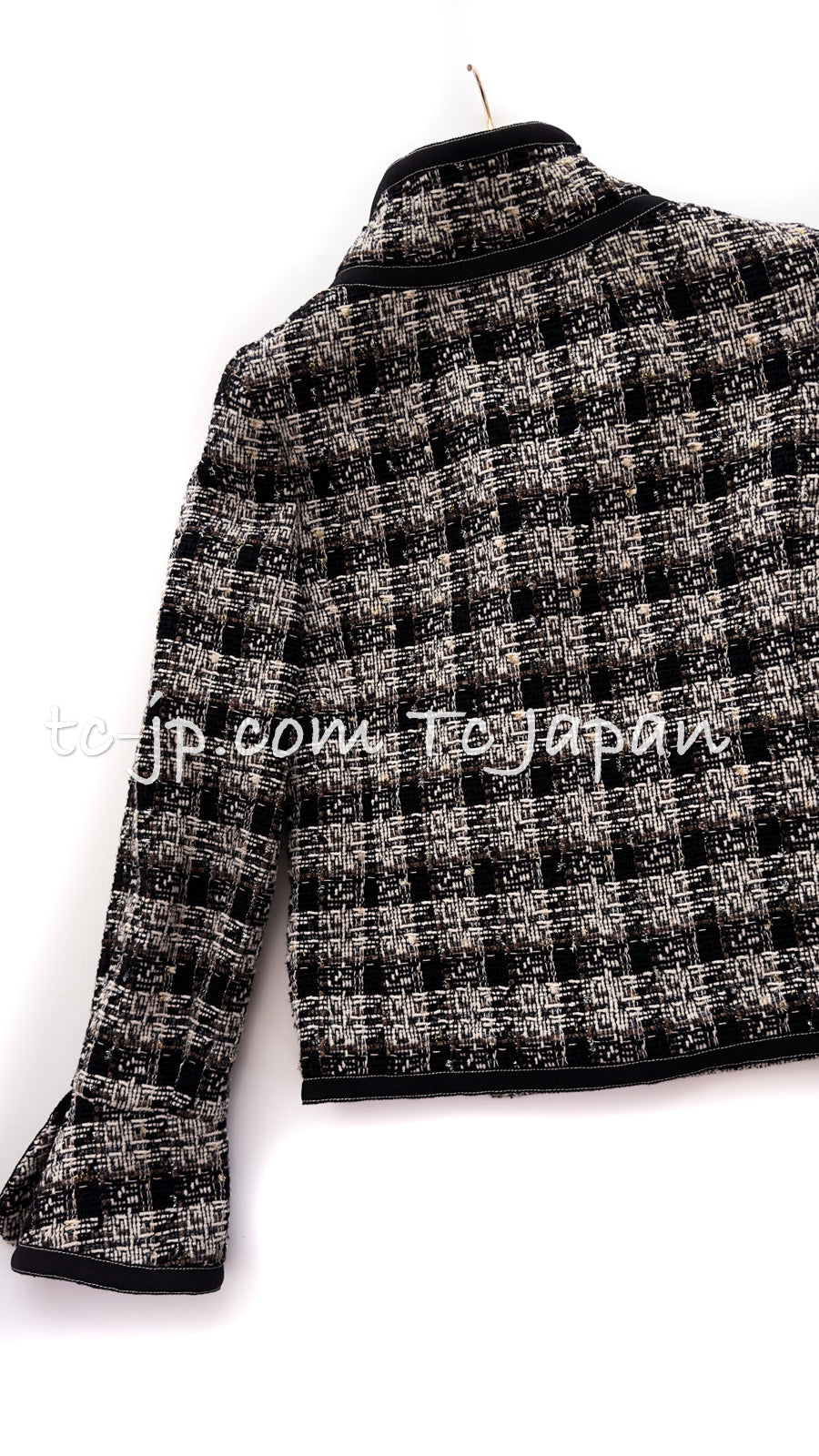 CHANEL 08A Black Brown Wool Stand Collar Tweed Jacket 34 シャネル ブラック ブラウン ウール スタンドカラー ツイード ジャケット 即発