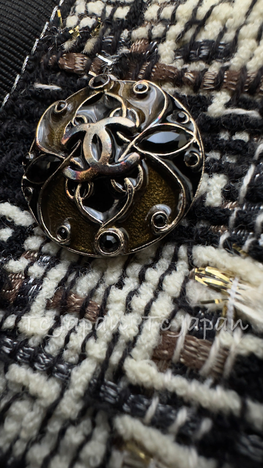 CHANEL 08A Black Brown Wool Stand Collar Tweed Jacket 34 シャネル ブラック ブラウン ウール スタンドカラー ツイード ジャケット 即発