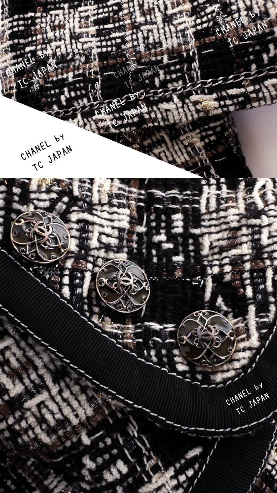 CHANEL 08A Black Brown Wool Stand Collar Tweed Jacket 34 シャネル ブラック ブラウン ウール スタンドカラー ツイード ジャケット 即発