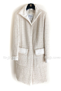 CHANEL 12PF Ivory Creme Metallic Silk Collar Mohair Tweed Coat 38 40 42 シャネル アイボリー クリーム メタリック シルク襟 モヘア ツイード コート 即発