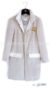 CHANEL 12PF Ivory Creme Metallic Silk Collar Mohair Tweed Coat 38 40 42 シャネル アイボリー クリーム メタリック シルク襟 モヘア ツイード コート 即発