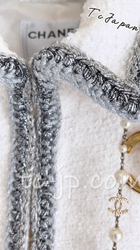 CHANEL 20S White Wool Cotton Braid Trim Beaded Tweed Jacket Coat 34 シャネル ジニー着 ホワイト ウール コットン ブレード トリム ビーズ ツイード ジャケット コート 即発