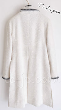 CHANEL 20S White Wool Cotton Braid Trim Beaded Tweed Jacket Coat 34 シャネル ジニー着 ホワイト ウール コットン ブレード トリム ビーズ ツイード ジャケット コート 即発