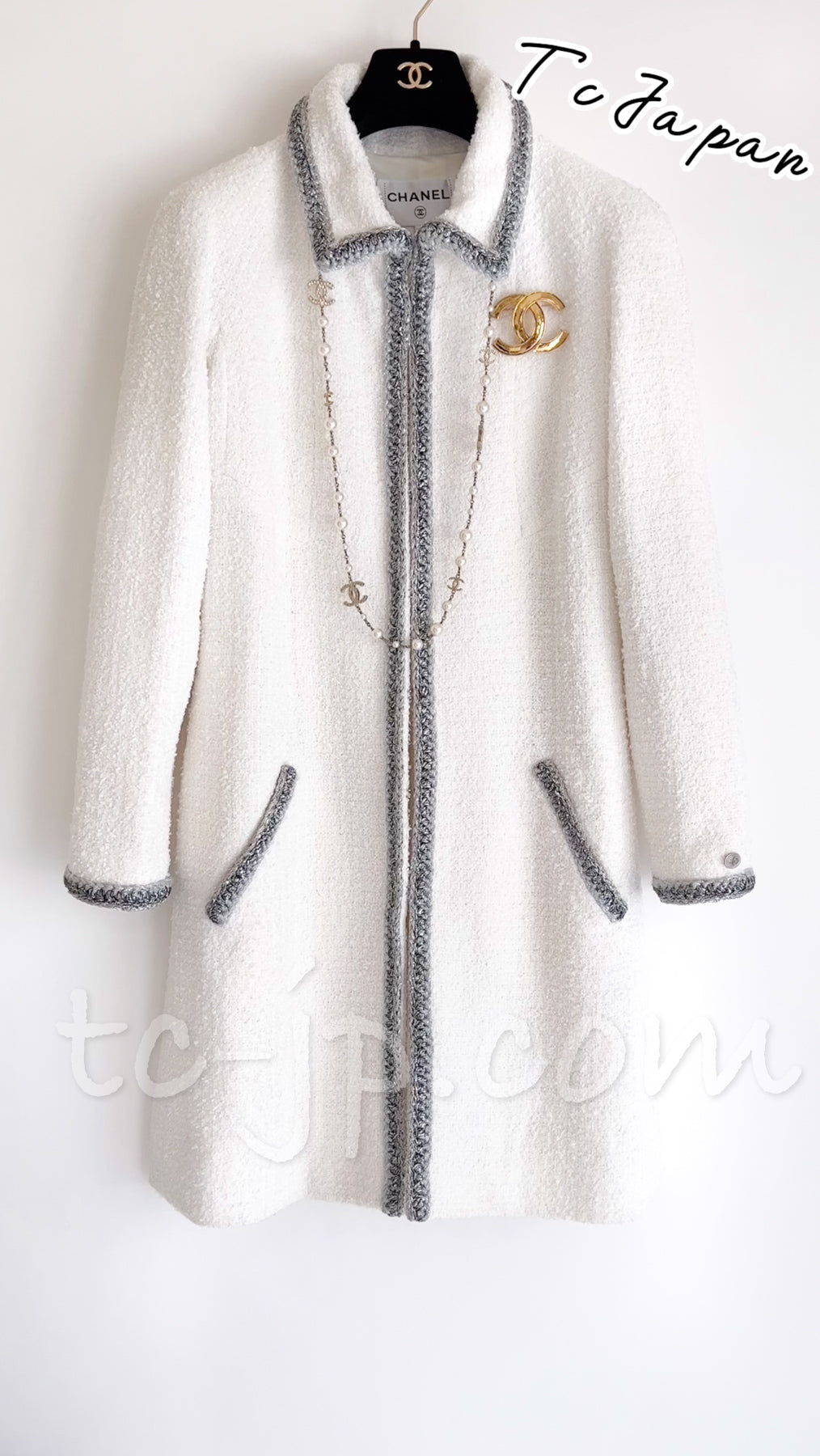 CHANEL 20S White Wool Cotton Braid Trim Beaded Tweed Jacket Coat 34 シャネル ジニー着 ホワイト ウール コットン ブレード トリム ビーズ ツイード ジャケット コート 即発