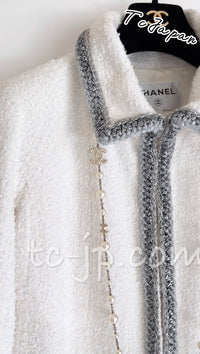 CHANEL 20S White Wool Cotton Braid Trim Beaded Tweed Jacket Coat 34 シャネル ジニー着 ホワイト ウール コットン ブレード トリム ビーズ ツイード ジャケット コート 即発