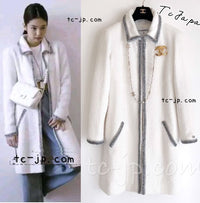 CHANEL 20S White Wool Cotton Braid Trim Beaded Tweed Jacket Coat 34 シャネル ジニー着 ホワイト ウール コットン ブレード トリム ビーズ ツイード ジャケット コート 即発