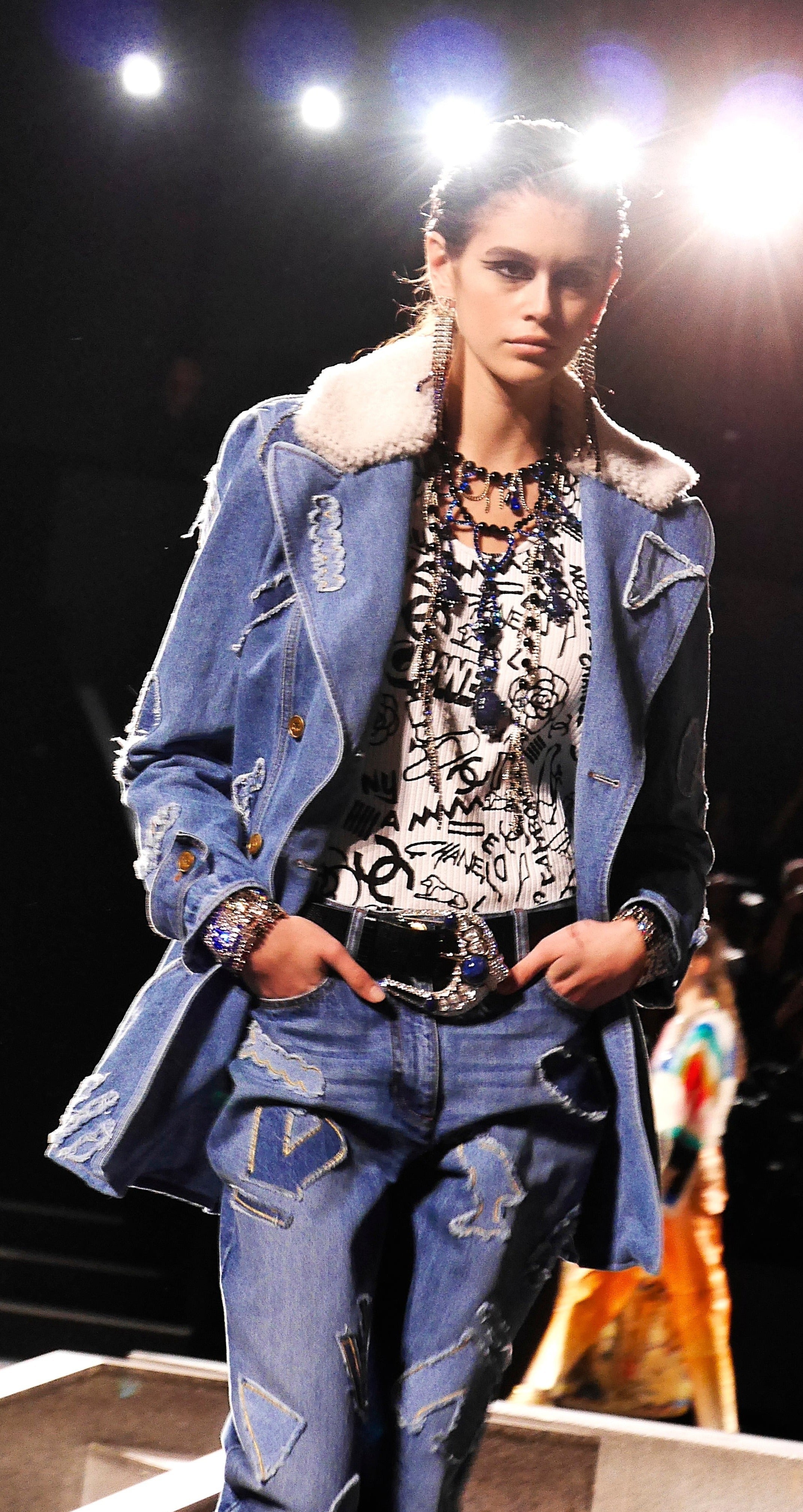 CHANEL 19PF Blue Denim Double Jacket Coat 34 36 38 シャネル ブルー デニム ボア襟 ジャケット コート 即発