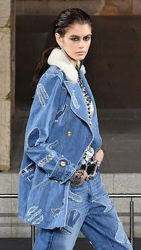 CHANEL 19PF Blue Denim Double Jacket Coat 34 36 38 シャネル ブルー デニム ボア襟 ジャケット コート 即発