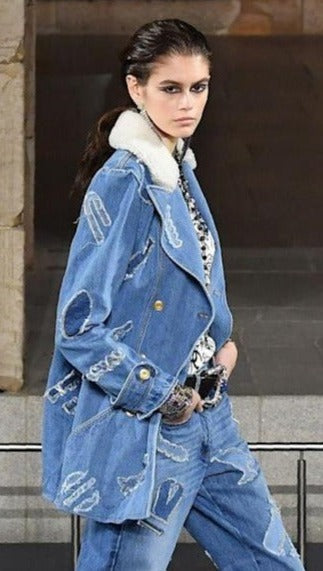 CHANEL 19PF Blue Denim Double Jacket Coat 34 36 38 シャネル ブルー デニム ボア襟 ジャケット コート 即発