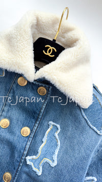 CHANEL 19PF Blue Denim Double Jacket Coat 34 36 38 シャネル ブルー デニム ボア襟 ジャケット コート 即発