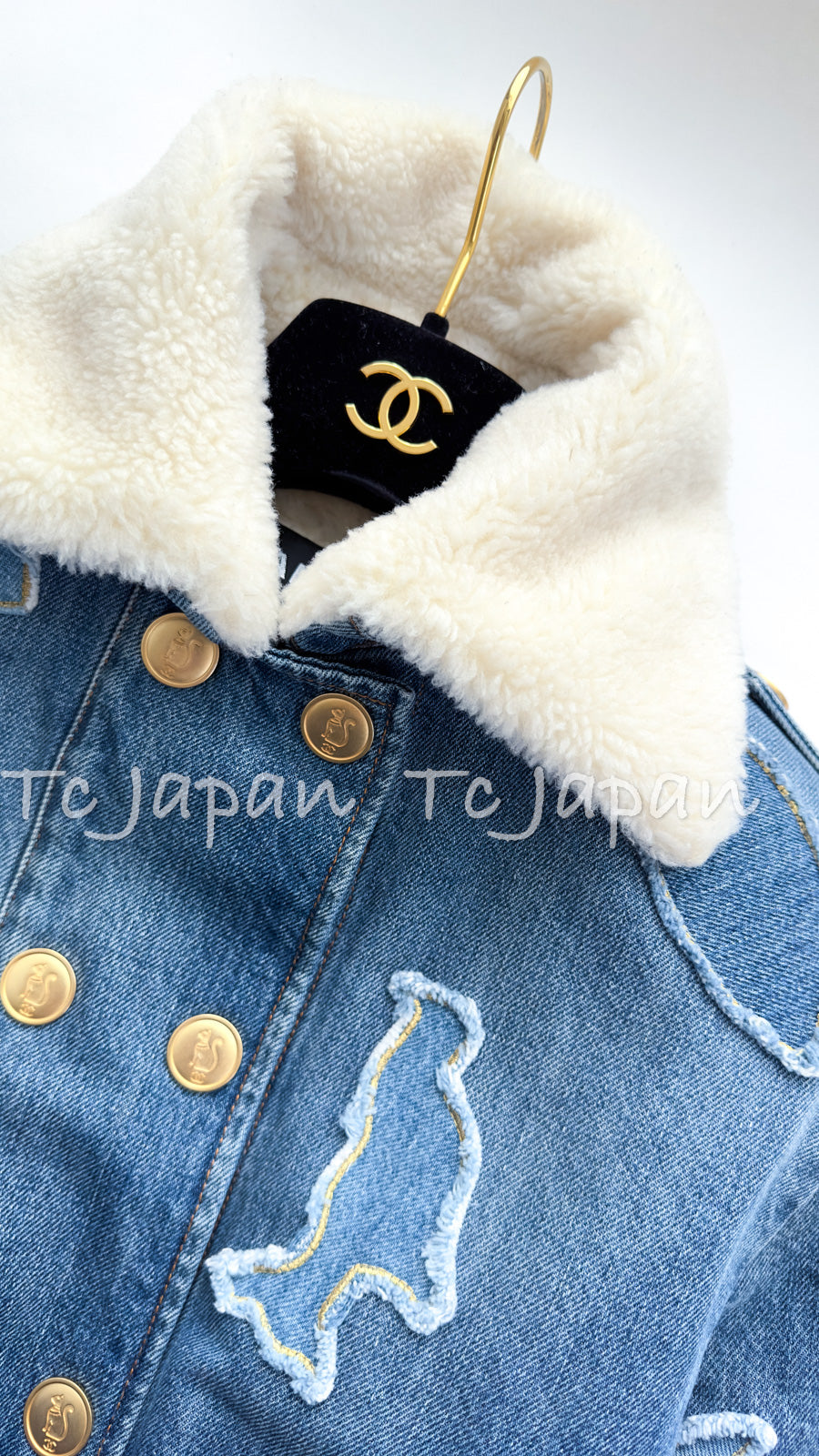 CHANEL 19PF Blue Denim Double Jacket Coat 34 36 38 シャネル ブルー デニム ボア襟 ジャケット コート 即発