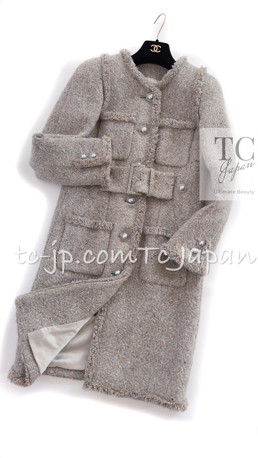 シャネル コート CHANEL グレー ベージュ ベルト ウール ツイード 17A Gray Beige Belt Wool Tweed Coat –  TC JAPAN