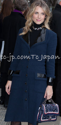 CHANEL 16S Navy Black Leather Collar Tweed Coat 36 42 シャネル ネイビー ブラック レザー襟 ツイード コート 即発