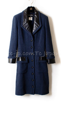 CHANEL 16S Navy Black Leather Collar Tweed Coat 36 42 シャネル ネイビー ブラック レザー襟 ツイード コート 即発