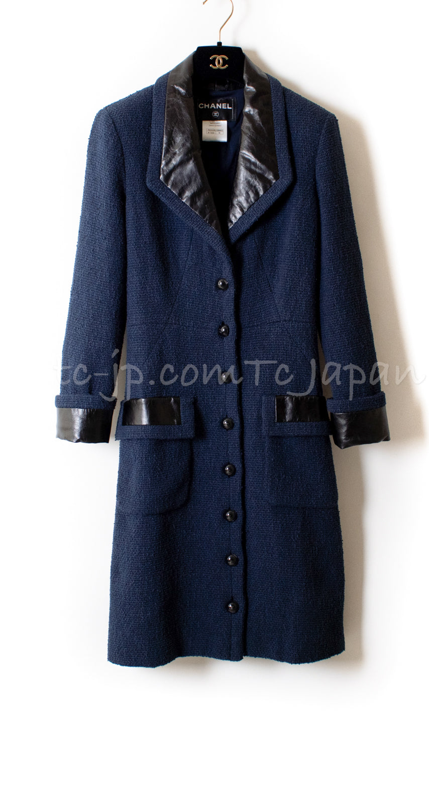 CHANEL 16S Navy Black Leather Collar Tweed Coat 36 42 シャネル ネイビー ブラック レザー襟 ツイード コート 即発