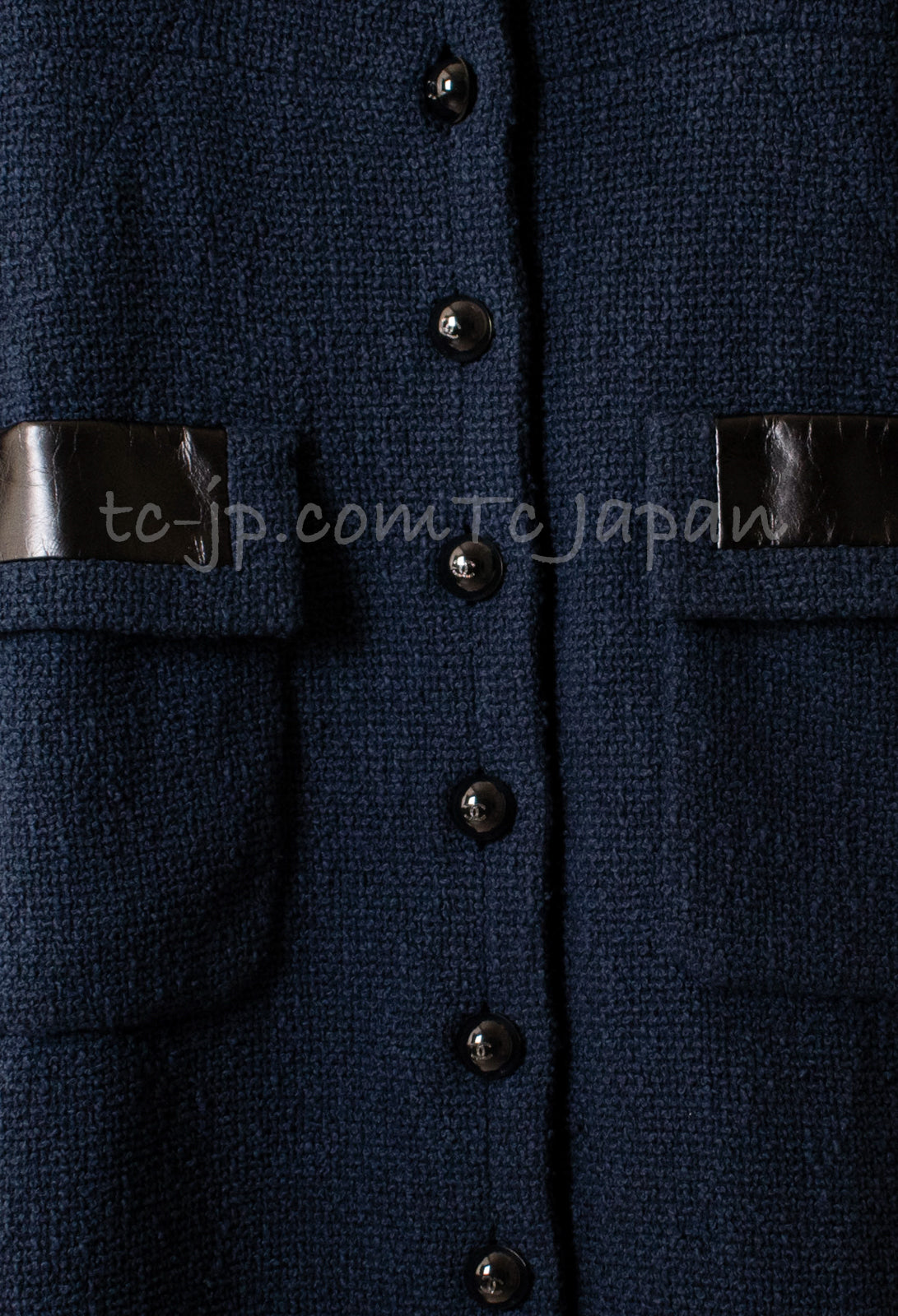 CHANEL 16S Navy Black Leather Collar Tweed Coat 36 42 シャネル ネイビー ブラック レザー襟 ツイード コート 即発