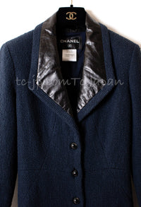 CHANEL 16S Navy Black Leather Collar Tweed Coat 36 42 シャネル ネイビー ブラック レザー襟 ツイード コート 即発
