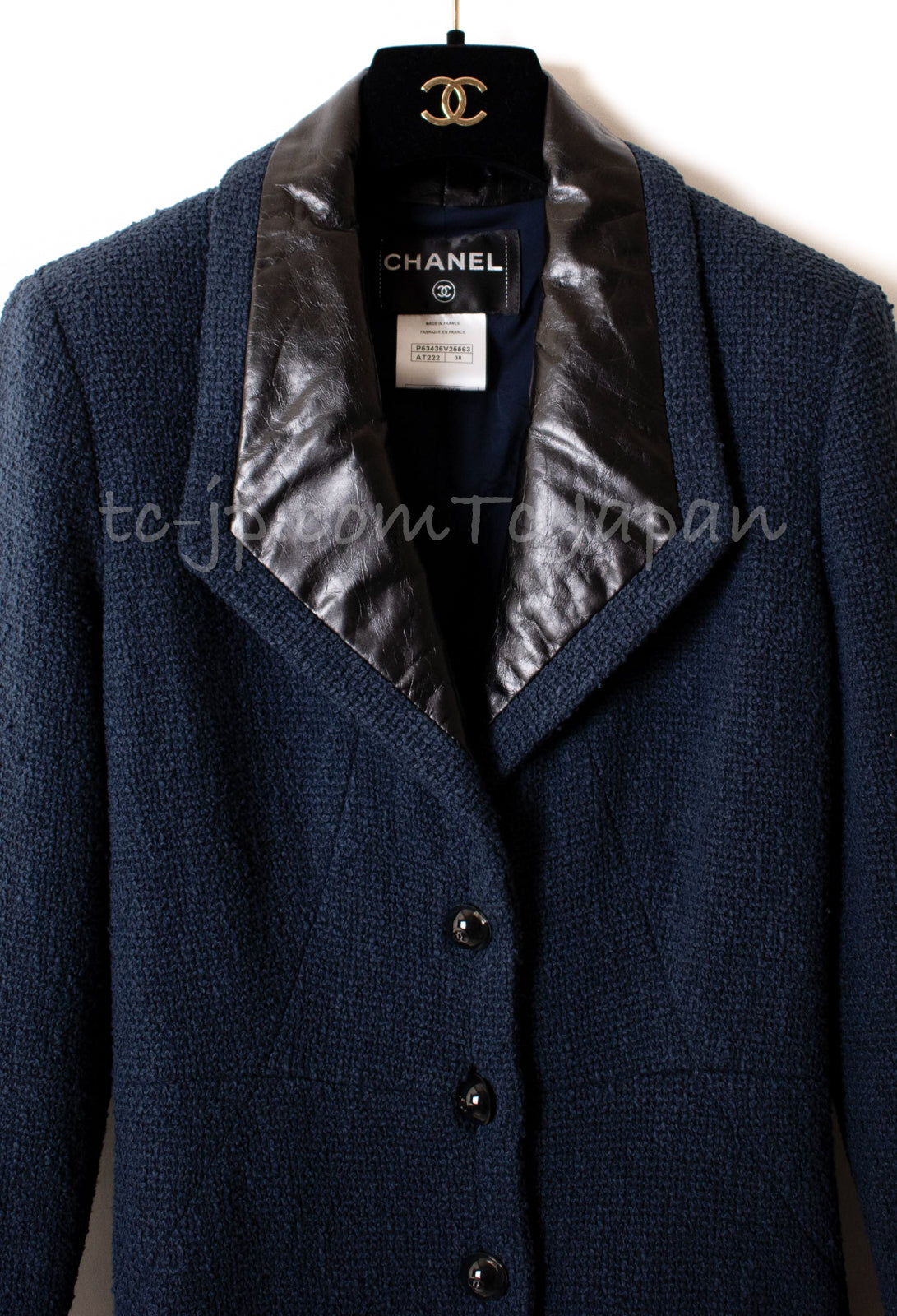 CHANEL 16S Navy Black Leather Collar Tweed Coat 36 42 シャネル ネイビー ブラック レザー襟 ツイード コート 即発