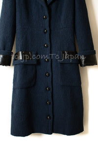 CHANEL 16S Navy Black Leather Collar Tweed Coat 36 42 シャネル ネイビー ブラック レザー襟 ツイード コート 即発