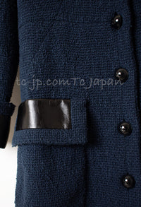 CHANEL 16S Navy Black Leather Collar Tweed Coat 36 42 シャネル ネイビー ブラック レザー襟 ツイード コート 即発