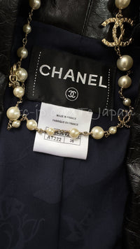 CHANEL 16S Navy Black Leather Collar Tweed Coat 36 42 シャネル ネイビー ブラック レザー襟 ツイード コート 即発