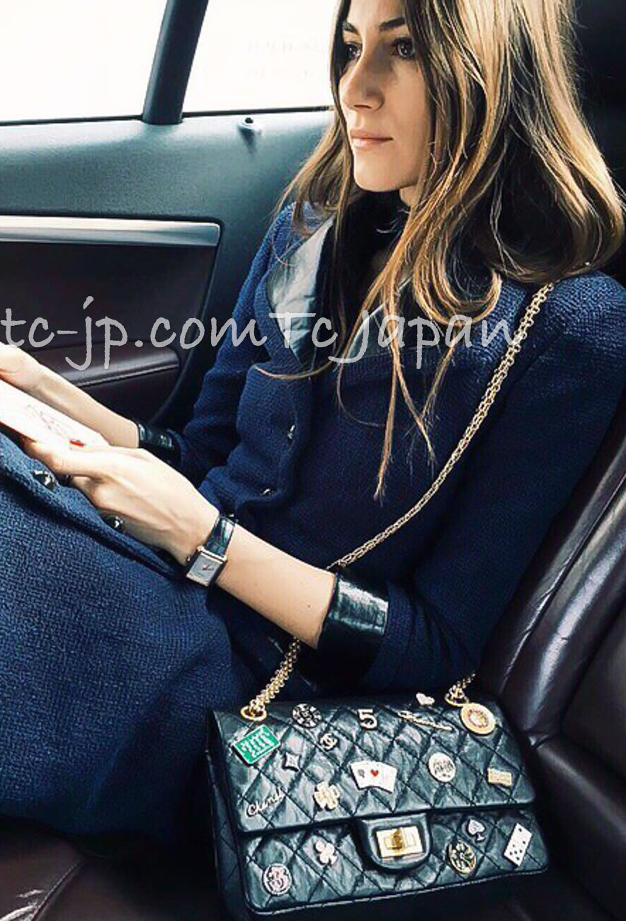 CHANEL 16S Navy Black Leather Collar Tweed Coat 36 42 シャネル ネイビー ブラック レザー襟 ツイード コート 即発