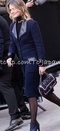 CHANEL 16S Navy Black Leather Collar Tweed Coat 36 42 シャネル ネイビー ブラック レザー襟 ツイード コート 即発