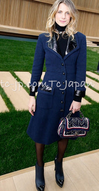 CHANEL 16S Navy Black Leather Collar Tweed Coat 36 42 シャネル ネイビー ブラック レザー襟 ツイード コート 即発