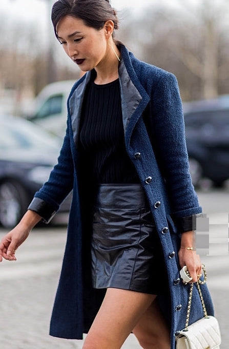 CHANEL 16S Navy Black Leather Collar Tweed Coat 36 42 シャネル ネイビー ブラック レザー襟 ツイード コート 即発
