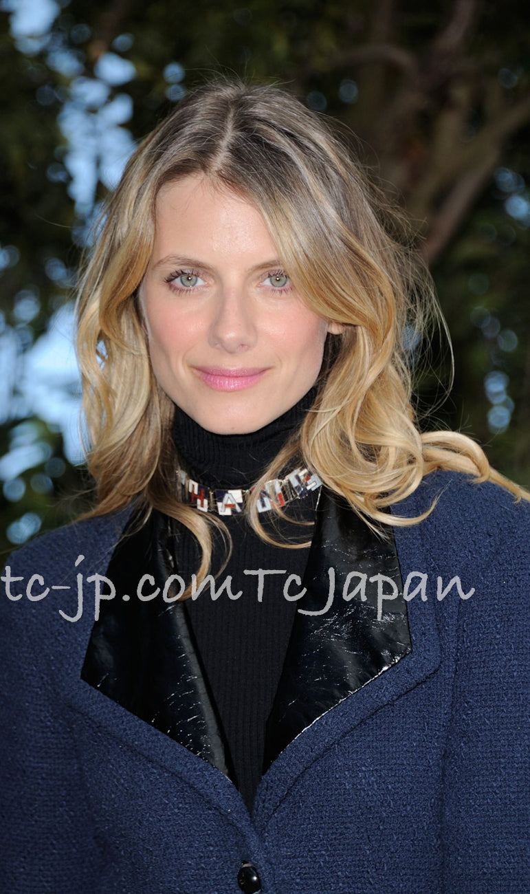 CHANEL 16S Navy Black Leather Collar Tweed Coat 36 42 シャネル ネイビー ブラック レザー襟 ツイード コート 即発