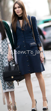 CHANEL 16S Navy Black Leather Collar Tweed Coat 36 42 シャネル ネイビー ブラック レザー襟 ツイード コート 即発