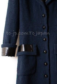 CHANEL 16S Navy Black Leather Collar Tweed Coat 36 42 シャネル ネイビー ブラック レザー襟 ツイード コート 即発