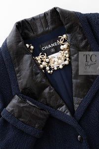 CHANEL 16S Navy Black Leather Collar Tweed Coat 36 42 シャネル ネイビー ブラック レザー襟 ツイード コート 即発