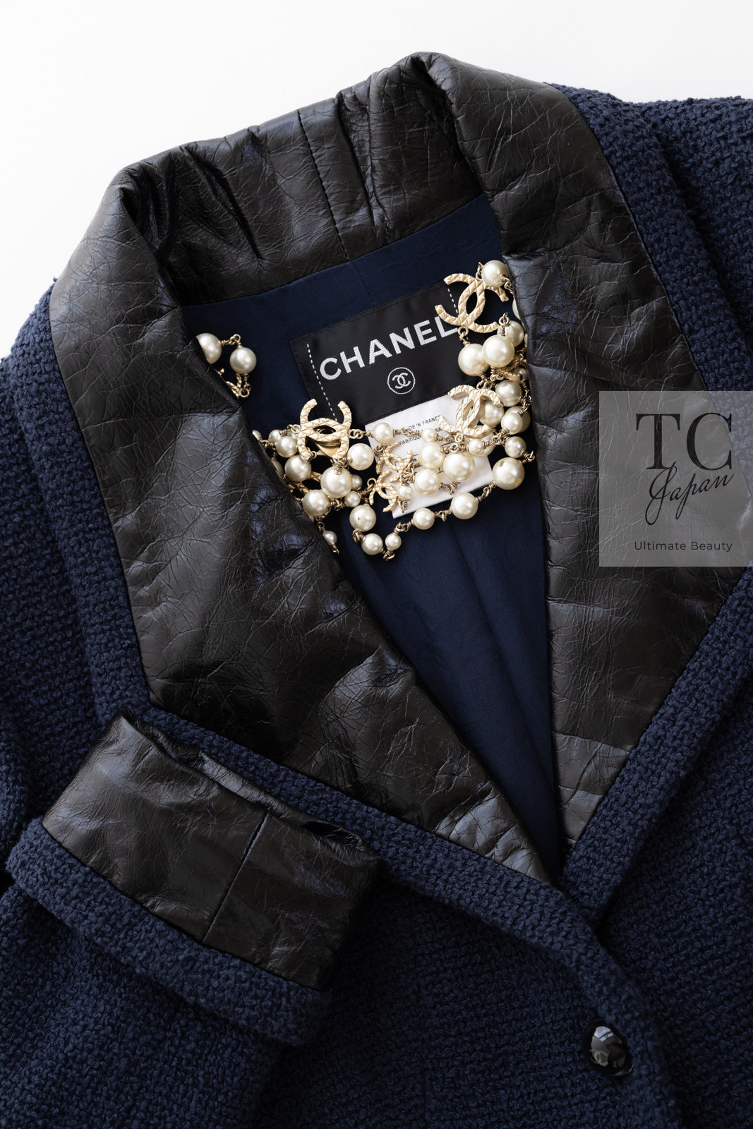 CHANEL 16S Navy Black Leather Collar Tweed Coat 36 42 シャネル ネイビー ブラック レザー襟 ツイード コート 即発