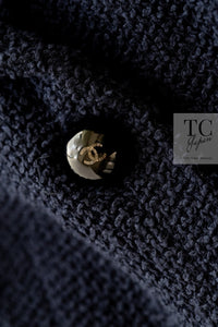 CHANEL 16S Navy Black Leather Collar Tweed Coat 36 42 シャネル ネイビー ブラック レザー襟 ツイード コート 即発